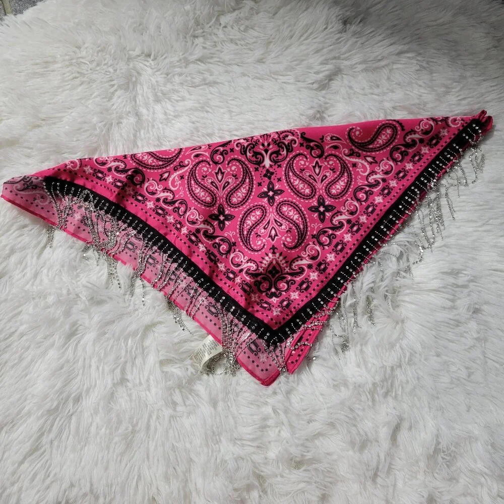Versona Pink Bandana Scarf with Bling Fringe